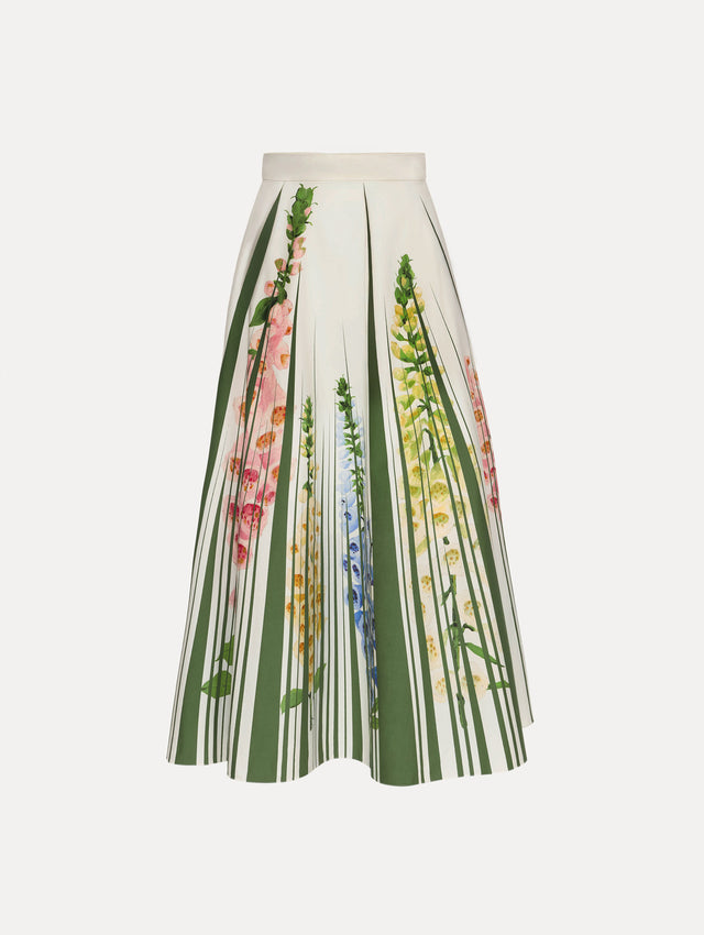 White Foxglove Trompe L’oeil Cotton Poplin Skirt with vertical green stripes and multicolor foxglove floral print.