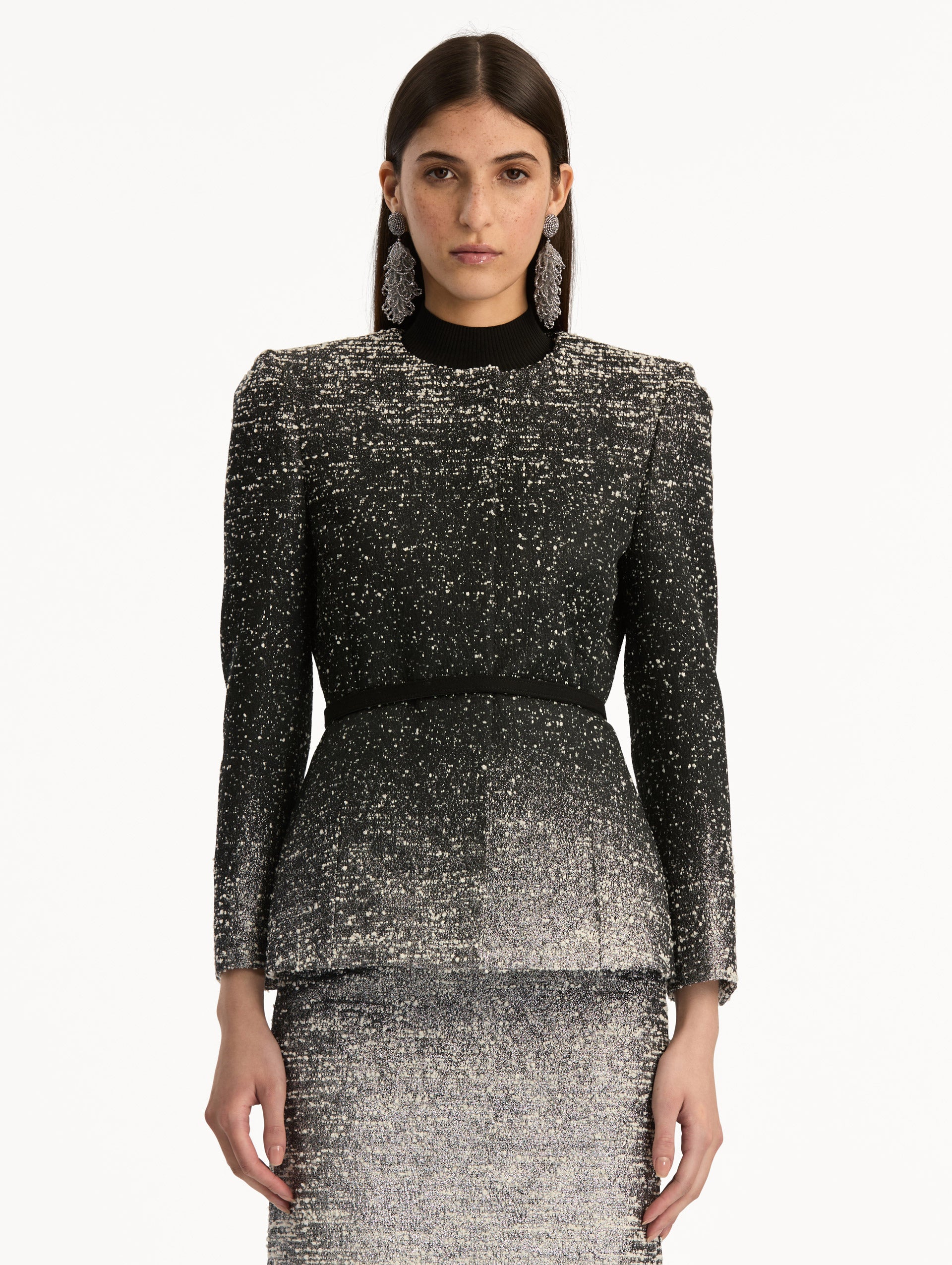 Black and Ivory Ombré Lurex Bouclé Jacquard Jacket with belt at waist and metallic finish. Front View.