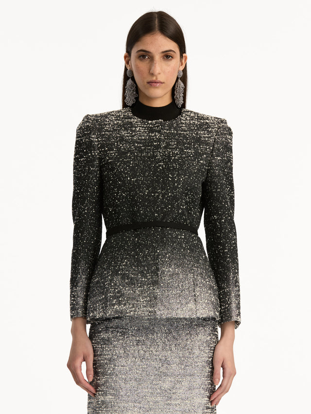 Black and Ivory Ombré Lurex Bouclé Jacquard Jacket with belt at waist and metallic finish. Front View.
