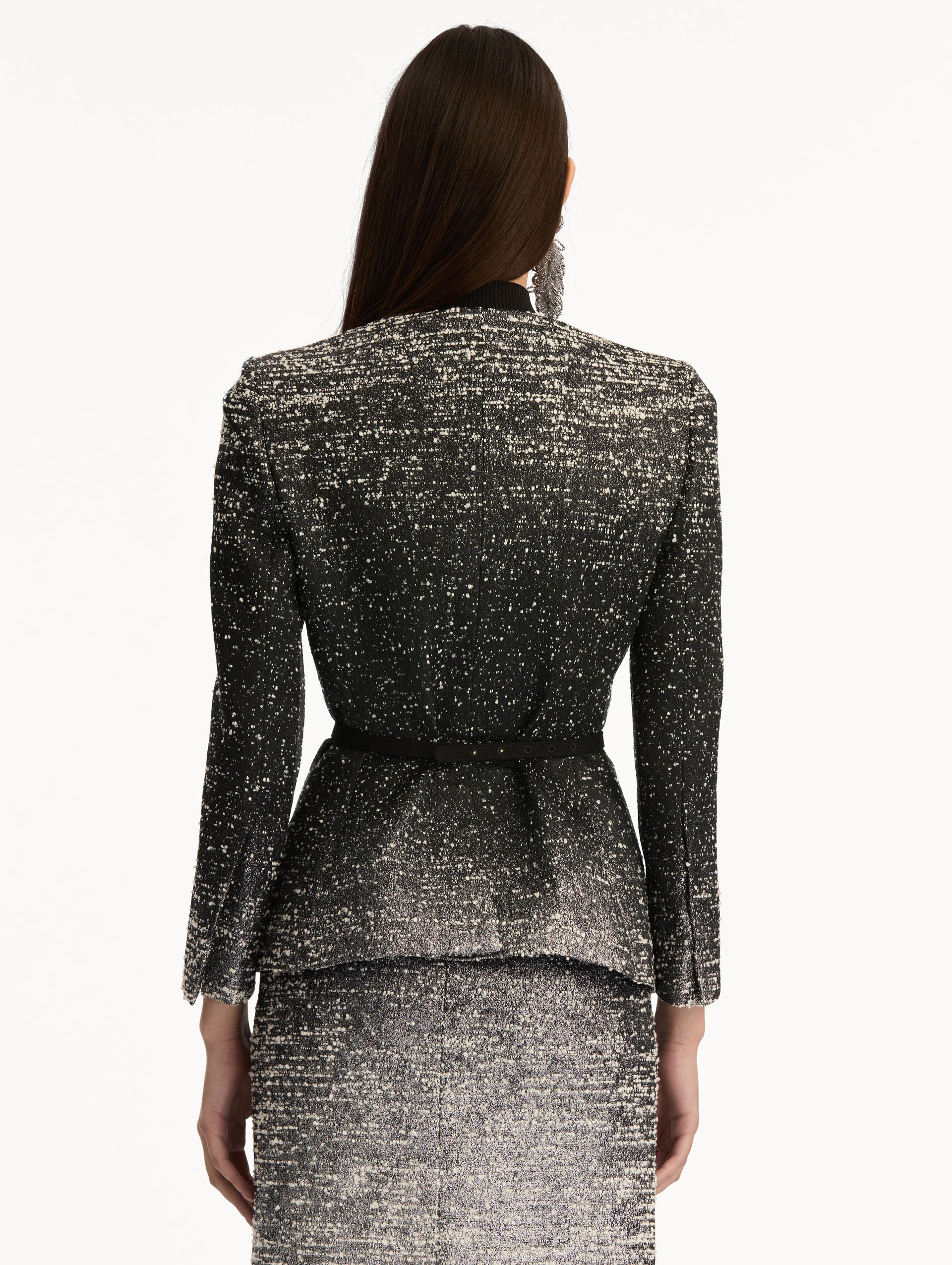 Black and Ivory Ombré Lurex Bouclé Jacquard Jacket with belt at waist and metallic finish. Back View.