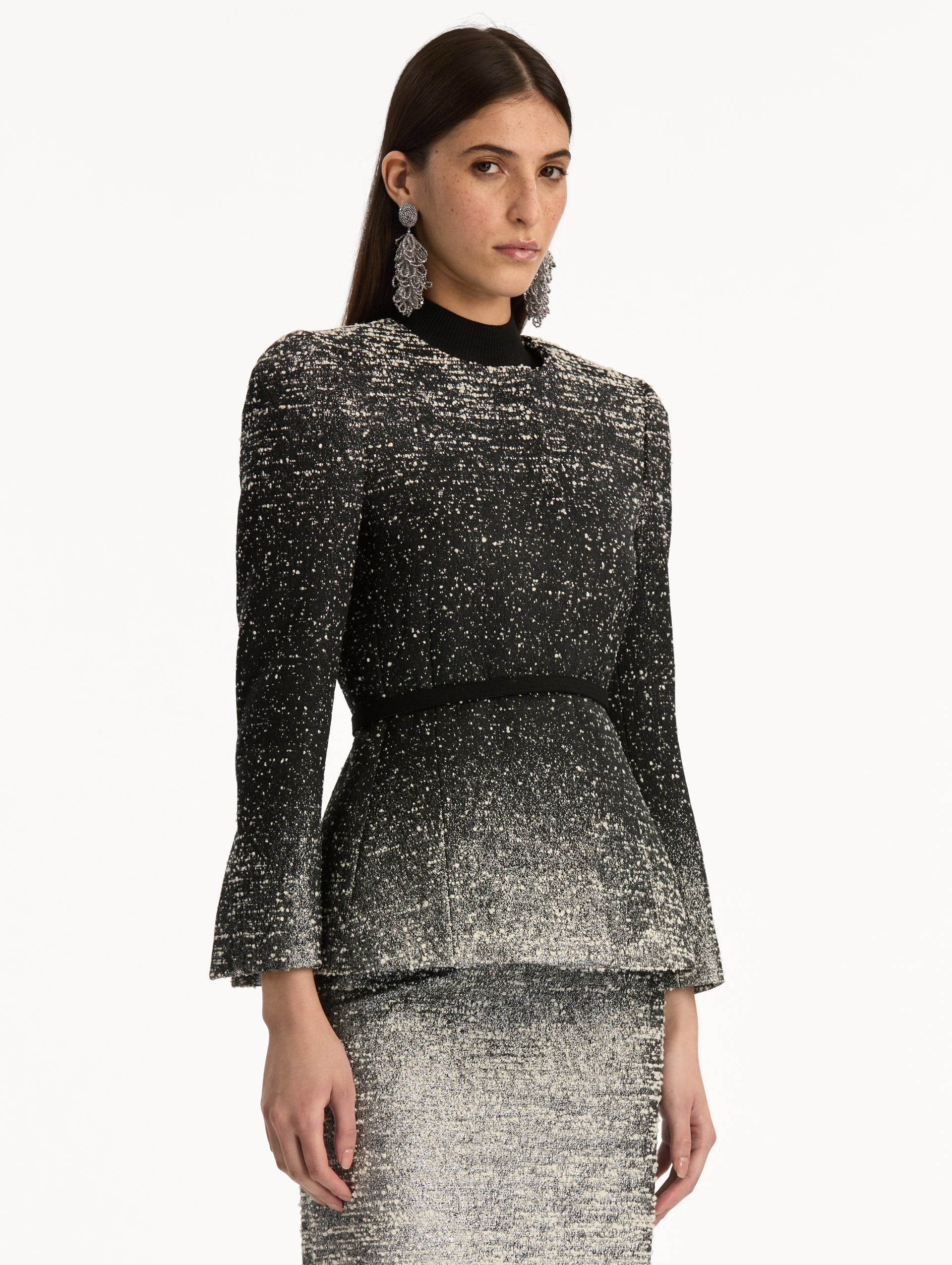 Black and Ivory Ombré Lurex Bouclé Jacquard Jacket with belt at waist and metallic finish. Side View.