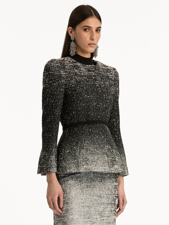 Black and Ivory Ombré Lurex Bouclé Jacquard Jacket with belt at waist and metallic finish. Side View.