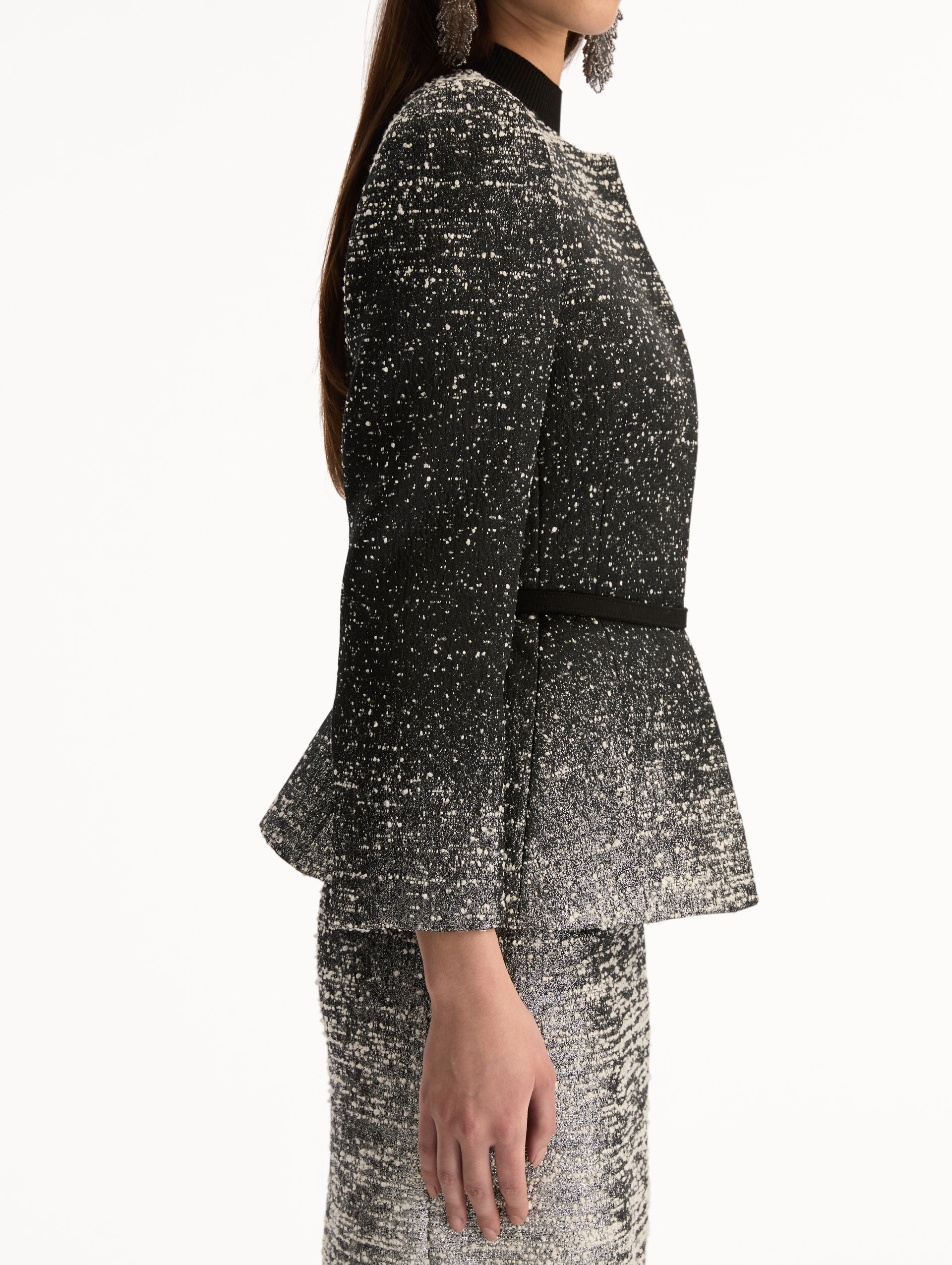 Black and Ivory Ombré Lurex Bouclé Jacquard Jacket with belt at waist and metallic finish. Side View.