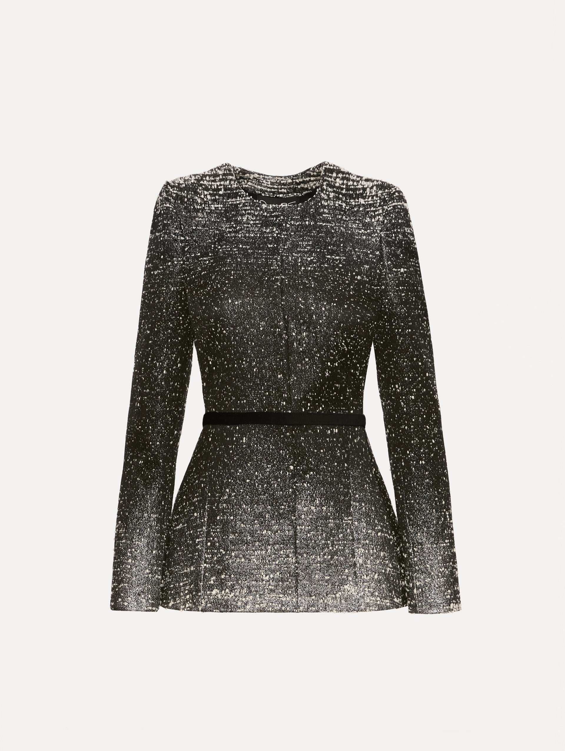 Black and Ivory Ombré Lurex Bouclé Jacquard Jacket with belt at waist and metallic finish. 