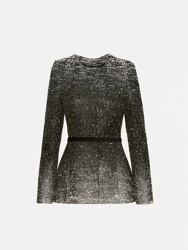 Black and Ivory Ombré Lurex Bouclé Jacquard Jacket with belt at waist and metallic finish. 