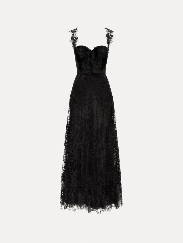 Black Foxglove Guipure Cocktail Dress featuring a fitted bodice with structured cups, lace straps, and a sheer lace overlay skirt.