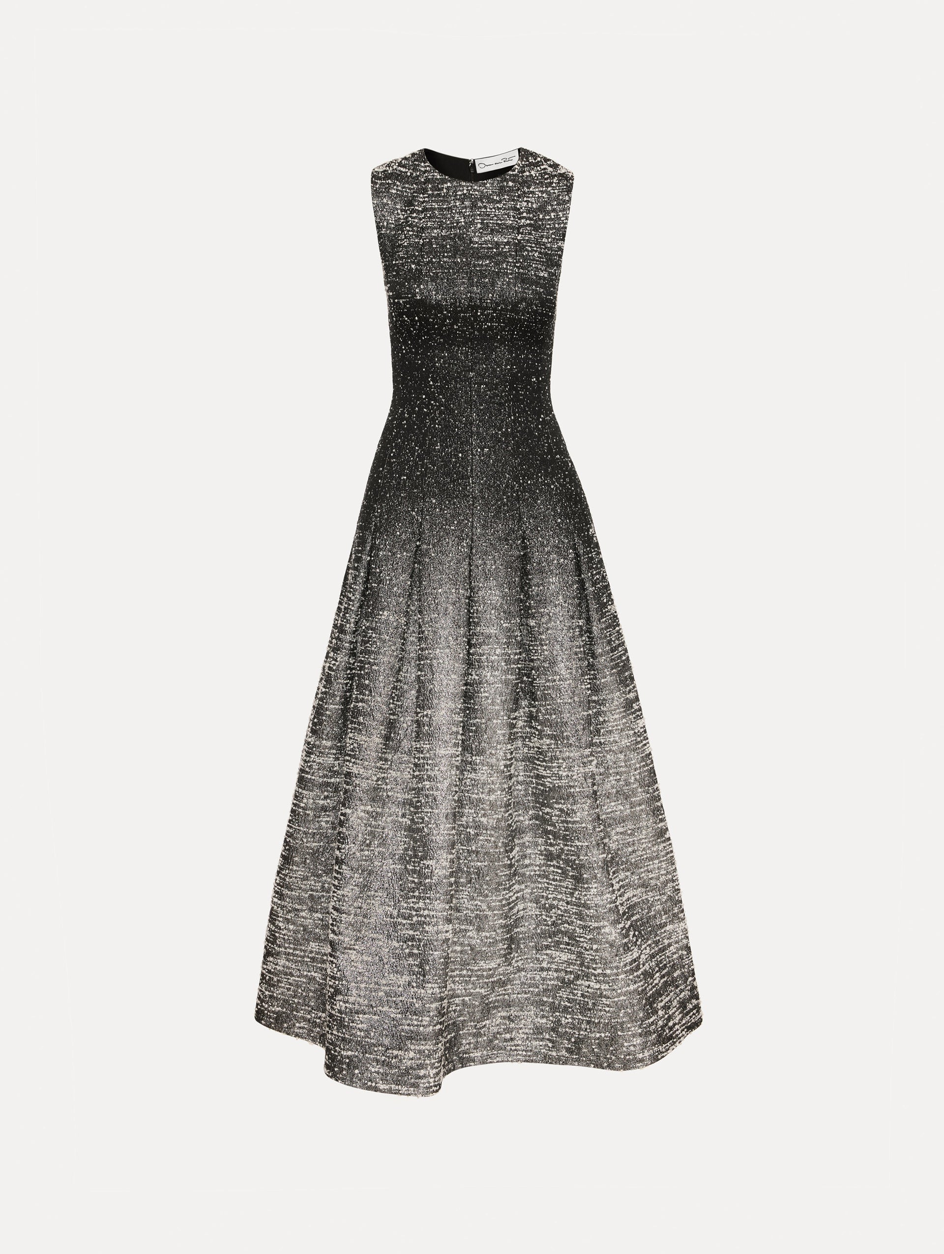 Black and ivory ombré lurex bouclé jacquard dress with fitted silhouette and textured metallic finish.