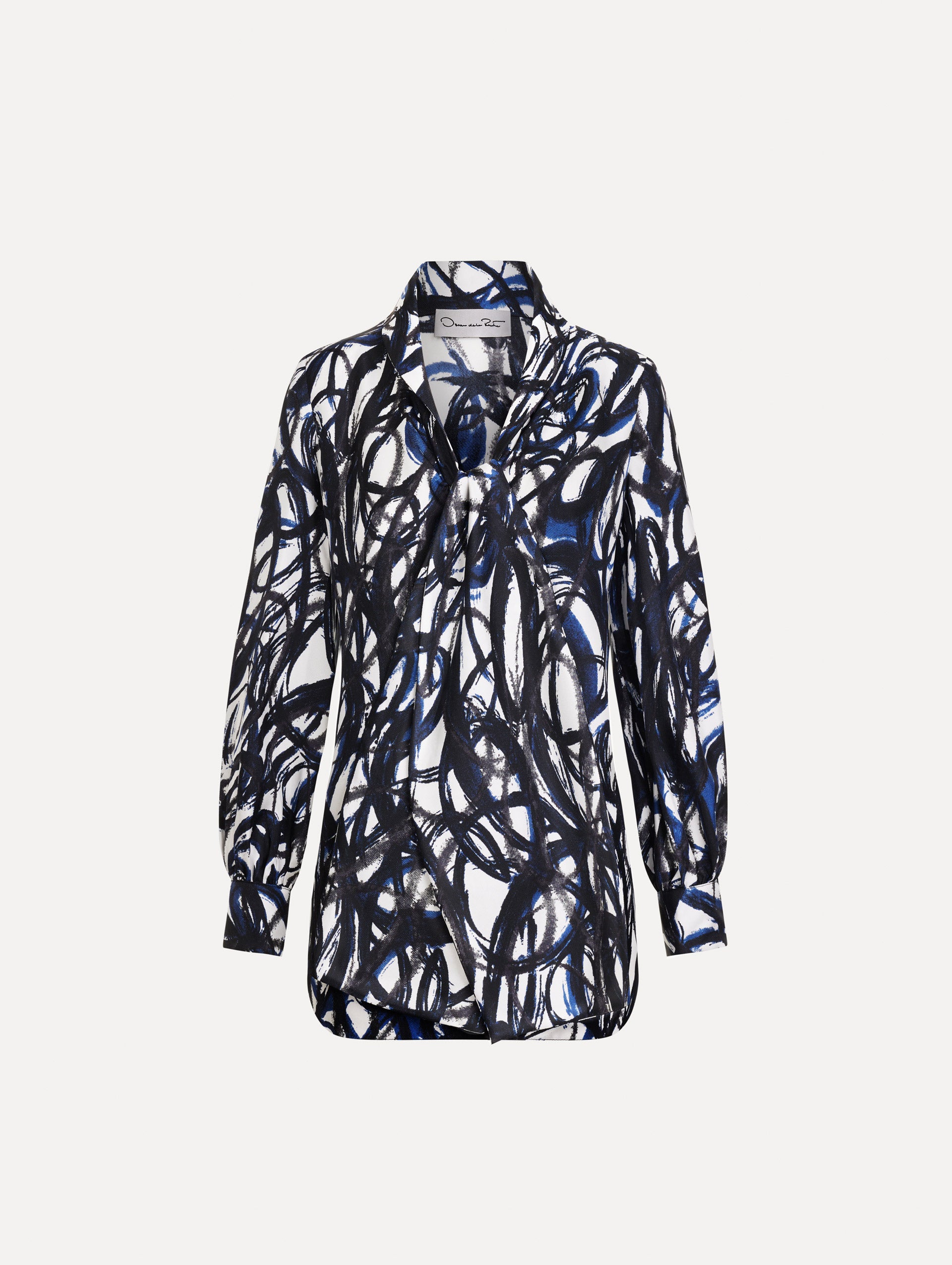 White and Blue Abstract Sketch Silk Twill Blouse featuring a deep V-neckline with knotted drape detail and long sleeves. Front View.