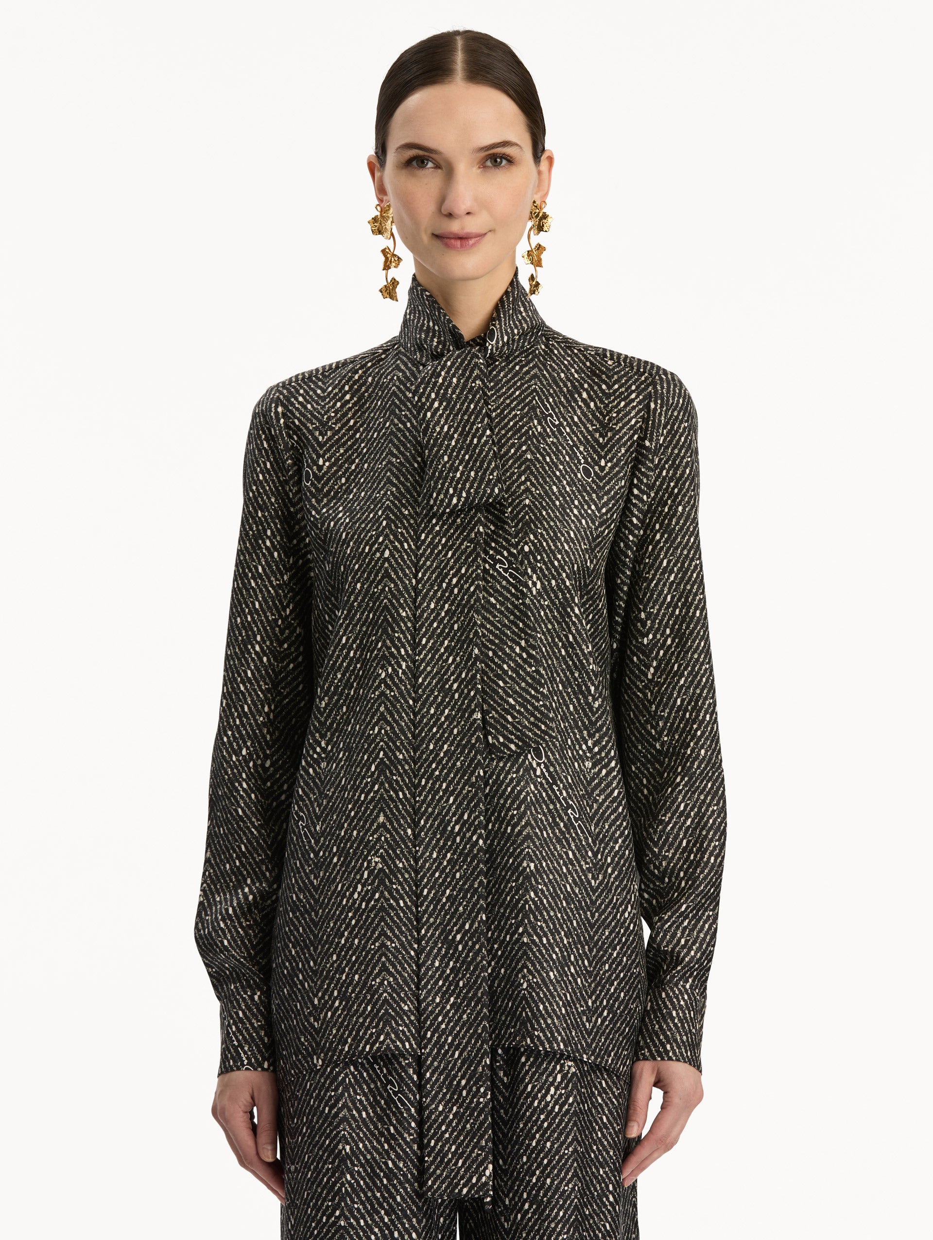 Black and Ivory Chevron Tie-Neck Silk Twill Blouse with long sleeves. Front View.