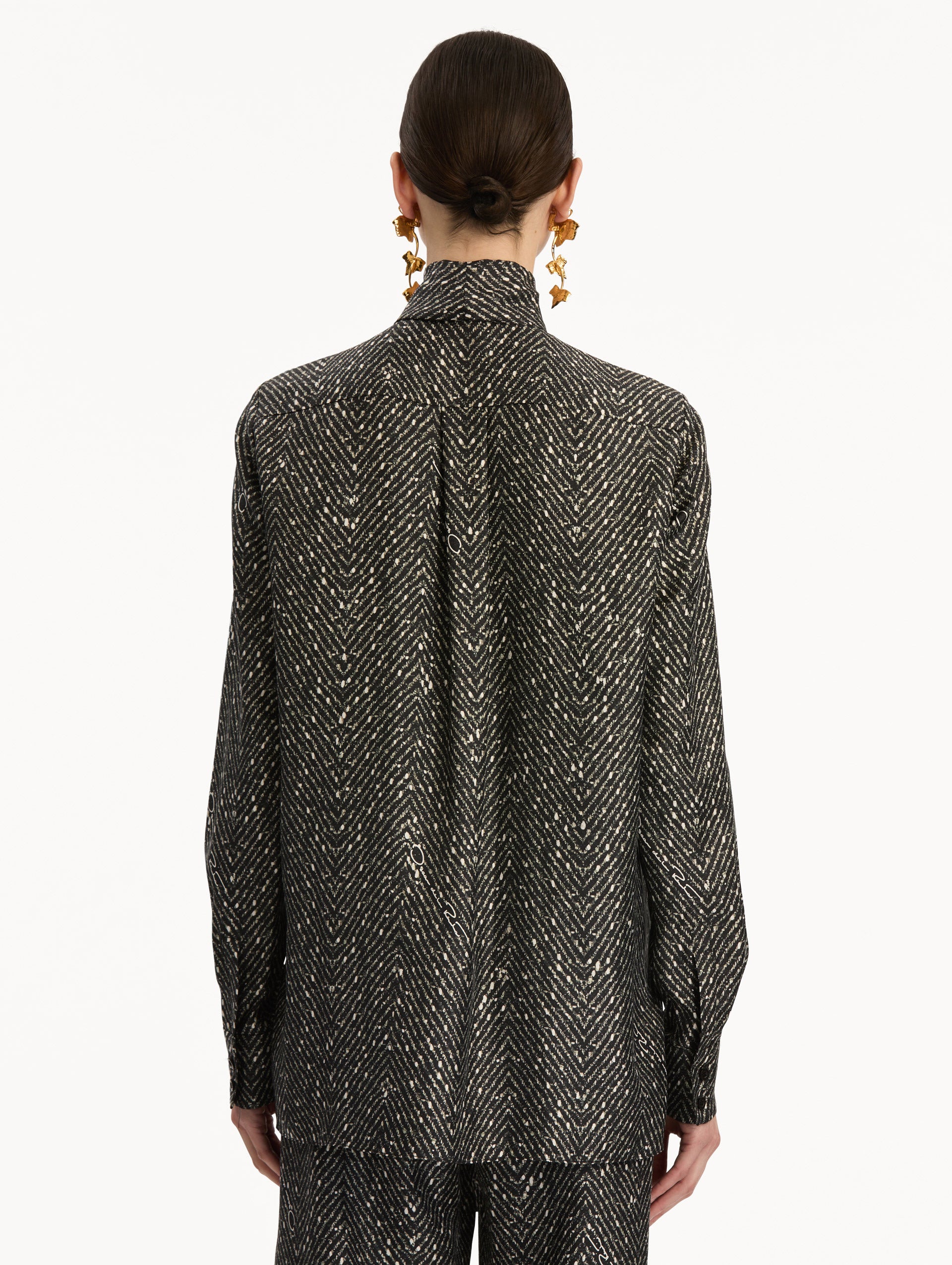 Black and Ivory Chevron Tie-Neck Silk Twill Blouse with long sleeves. Back View.