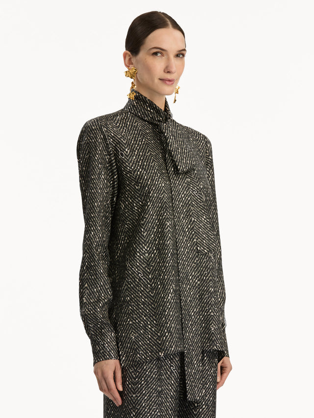 Black and Ivory Chevron Tie-Neck Silk Twill Blouse with long sleeves. Side View.