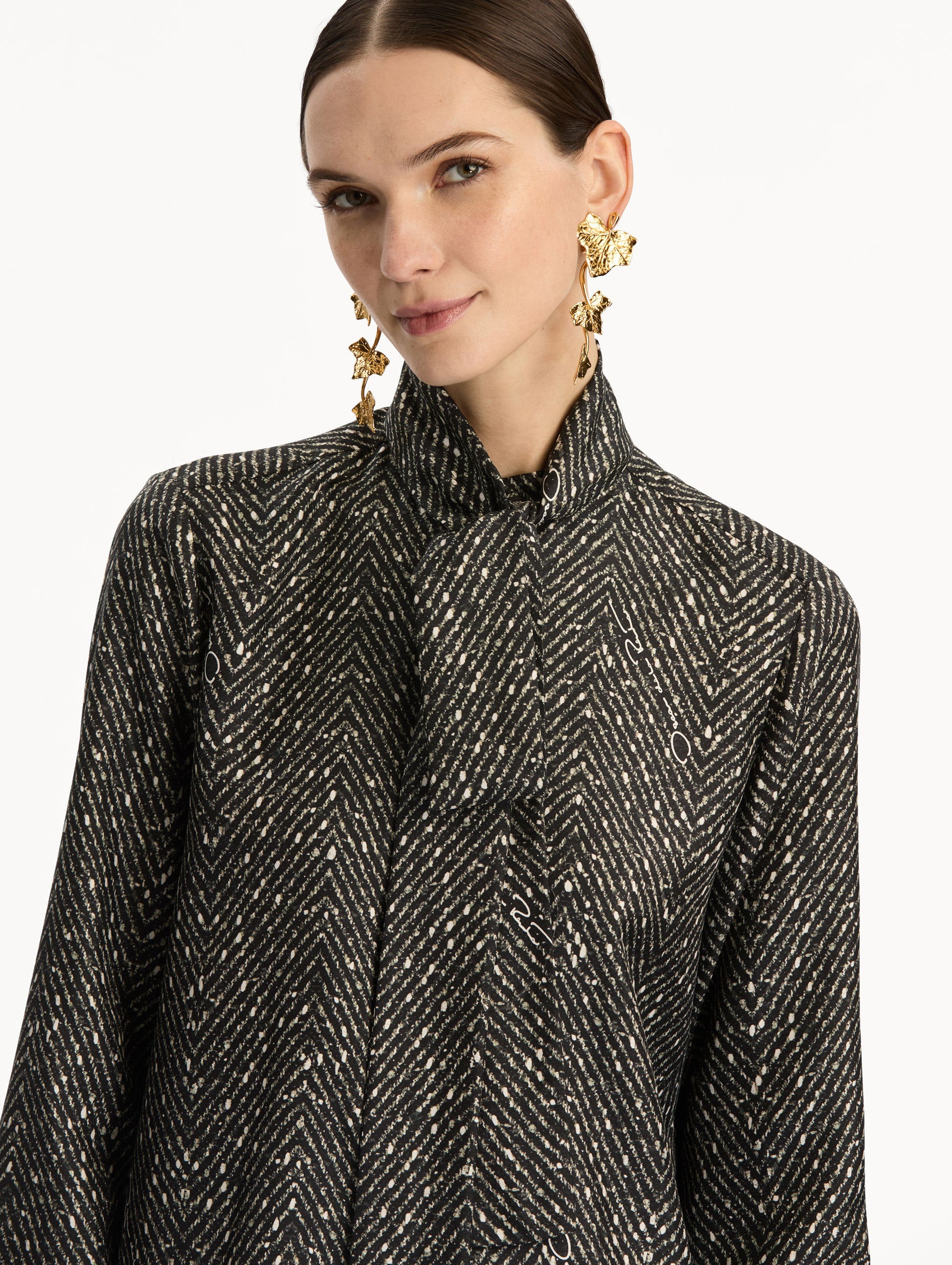 Black and Ivory Chevron Tie-Neck Silk Twill Blouse with long sleeves. Zoom View.