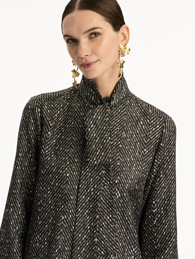 Black and Ivory Chevron Tie-Neck Silk Twill Blouse with long sleeves. Zoom View.