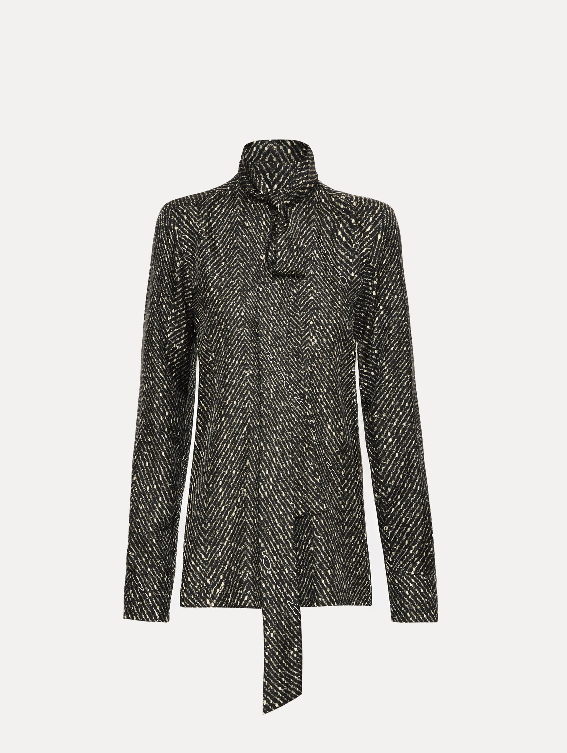 Black and Ivory Chevron Tie-Neck Silk Twill Blouse with long sleeves.