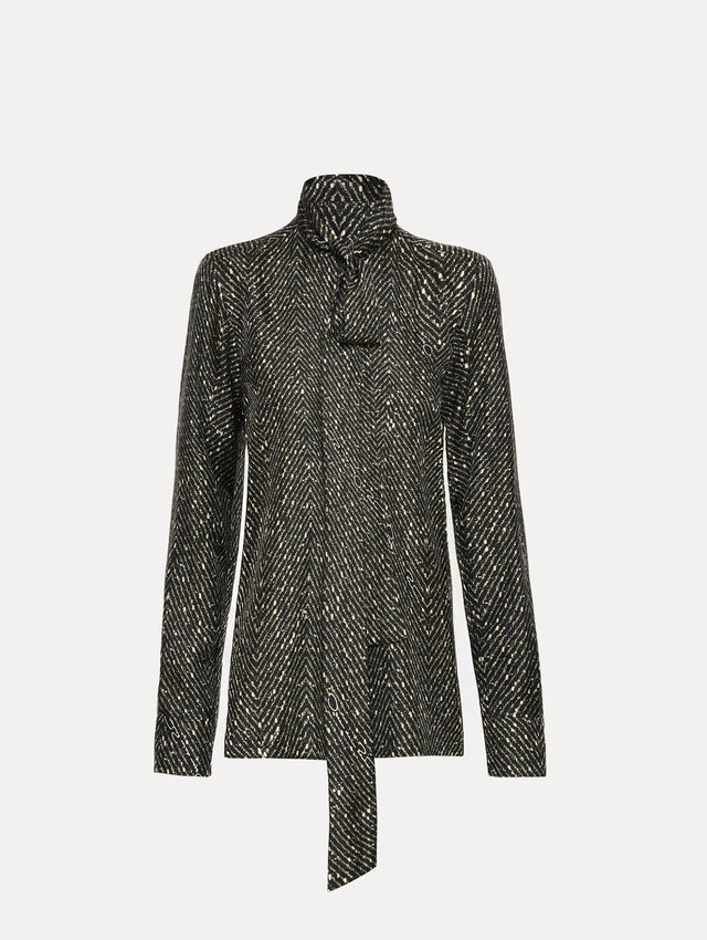 Black and Ivory Chevron Tie-Neck Silk Twill Blouse with long sleeves.