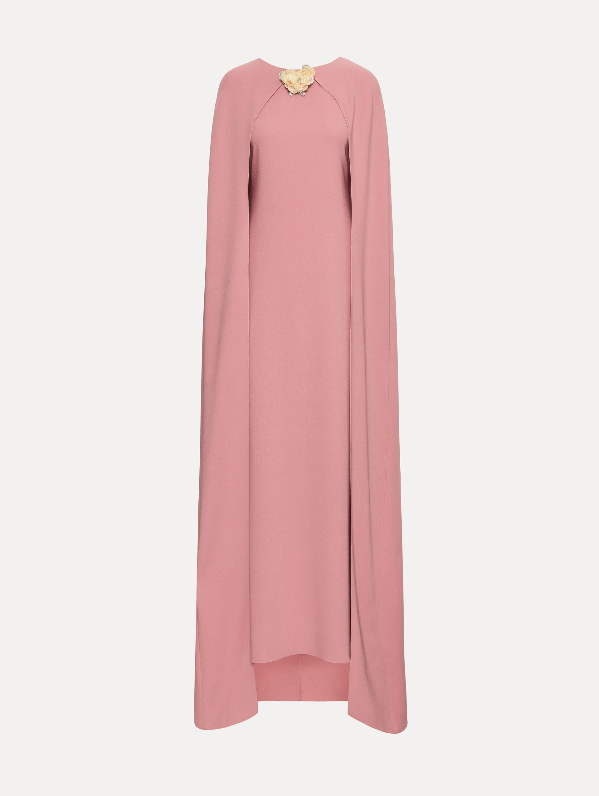 Pink Brooch Embroidered Cape-Back Caftan with a straight silhouette, detailed with a gold leaf accent at the neckline.