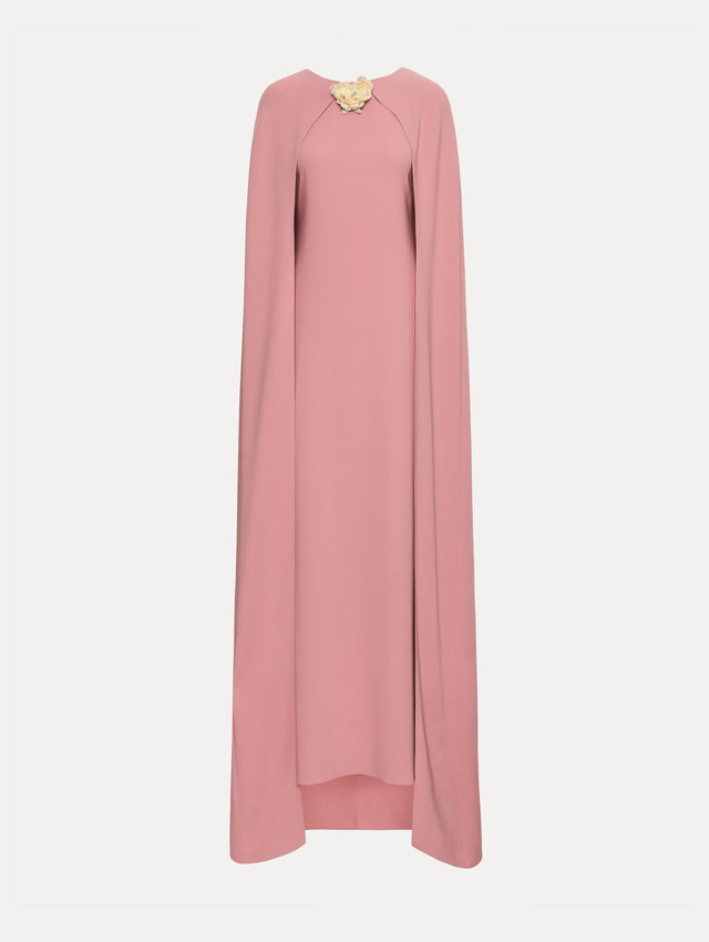 Pink Brooch Embroidered Cape-Back Caftan with a straight silhouette, detailed with a gold leaf accent at the neckline.