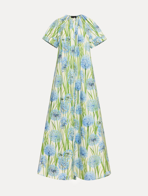 Ivory Allium Cotton Poplin Caftan with short sleeves and gathered neckline, featuring an allover blue floral print with green stems.
