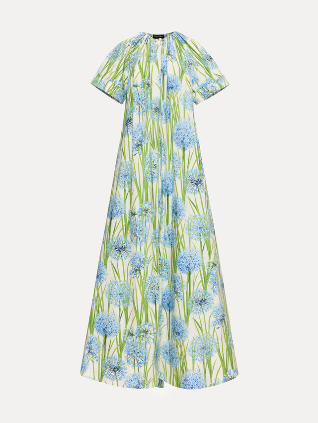Ivory Allium Cotton Poplin Caftan with short sleeves and gathered neckline, featuring an allover blue floral print with green stems.