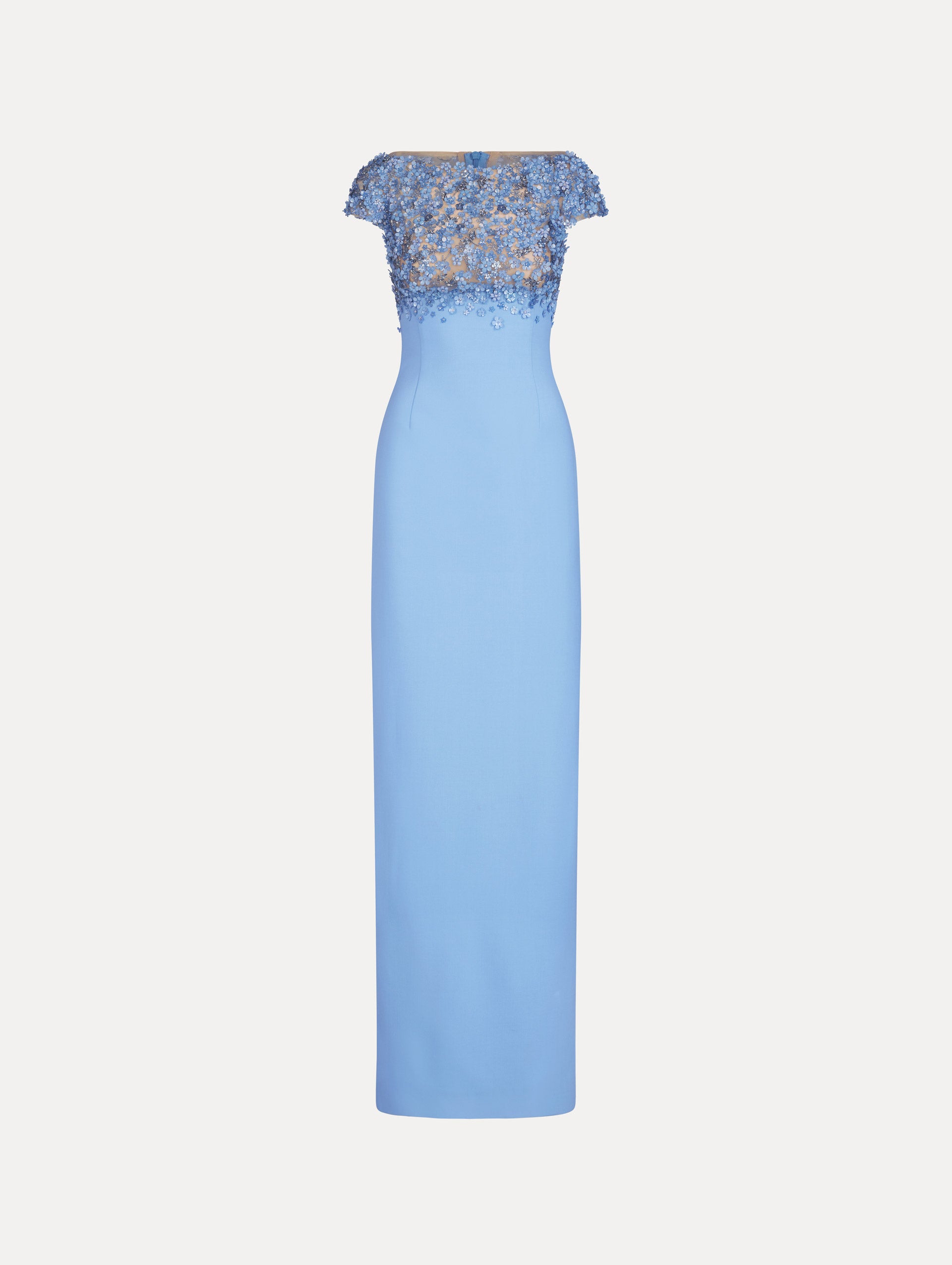 Gown in the color Hydrangea Light Blue with cap sleeves, bateau neckline, sheer, crystal floral embroidery, and column silhouette. 