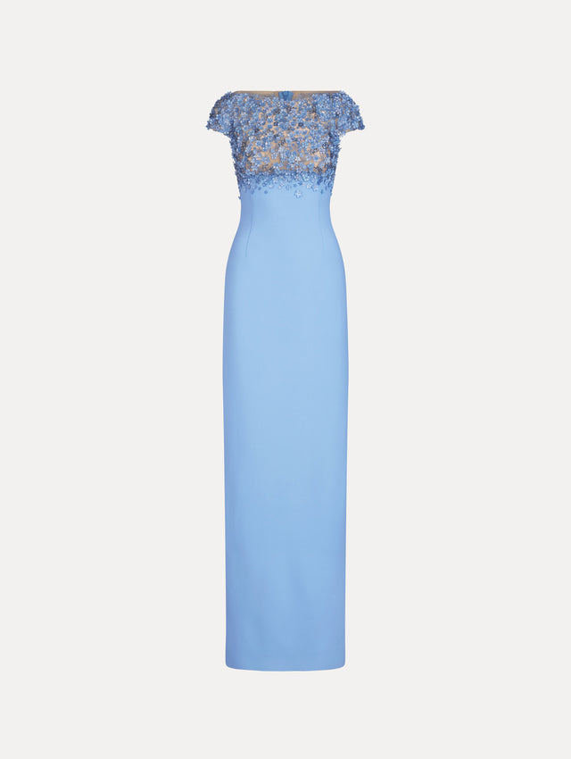 Gown in the color Hydrangea Light Blue with cap sleeves, bateau neckline, sheer, crystal floral embroidery, and column silhouette. 