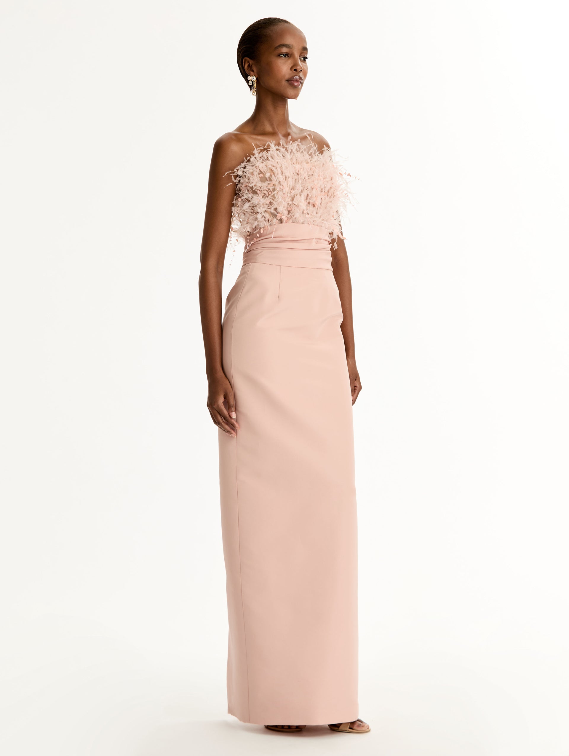 Blush Point D'Esprit Feather Embroidered Gown with a feather-embellished bodice and sleek floor-length skirt. Side View.