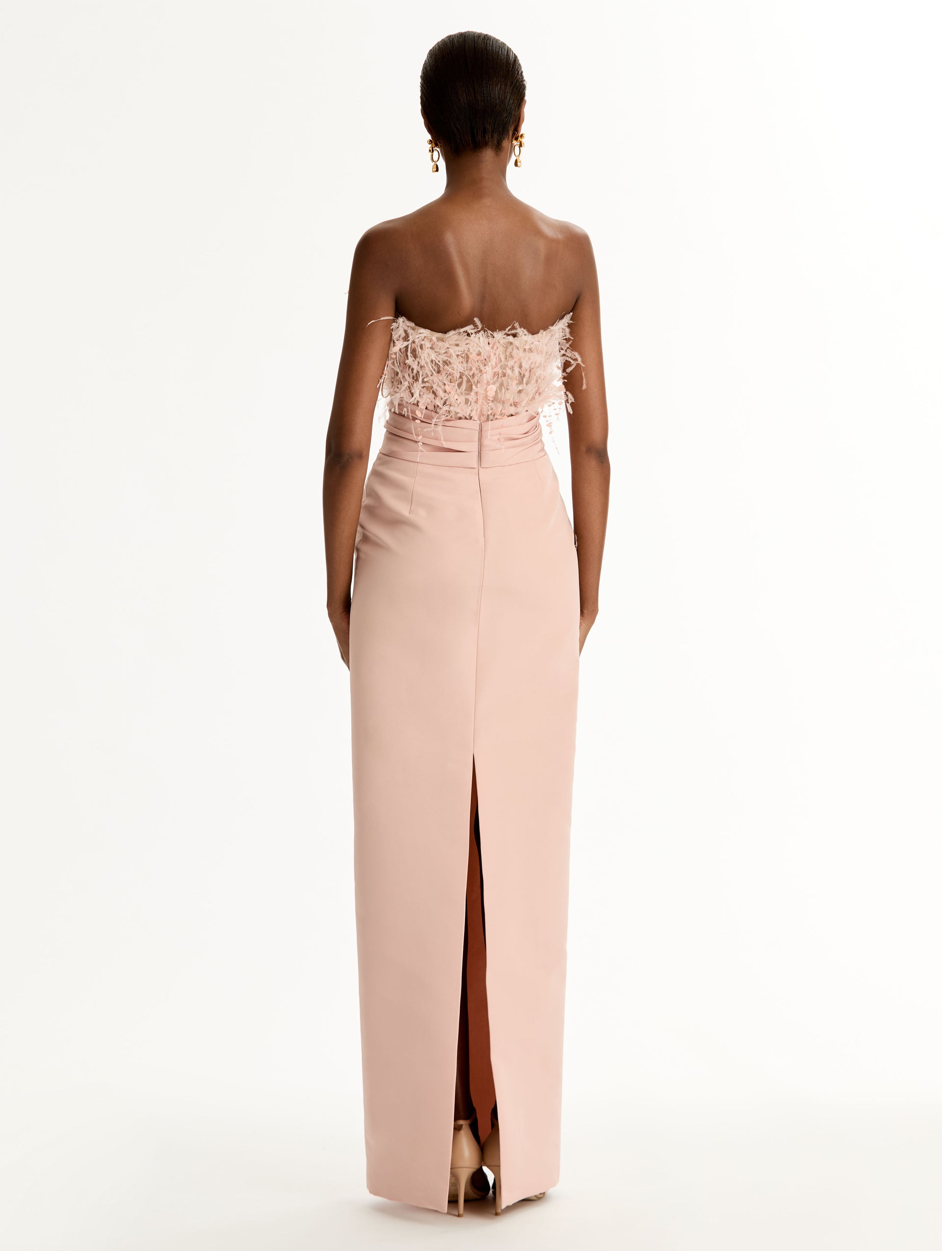 Blush Point D'Esprit Feather Embroidered Gown with a feather-embellished bodice and sleek floor-length skirt. Back View.