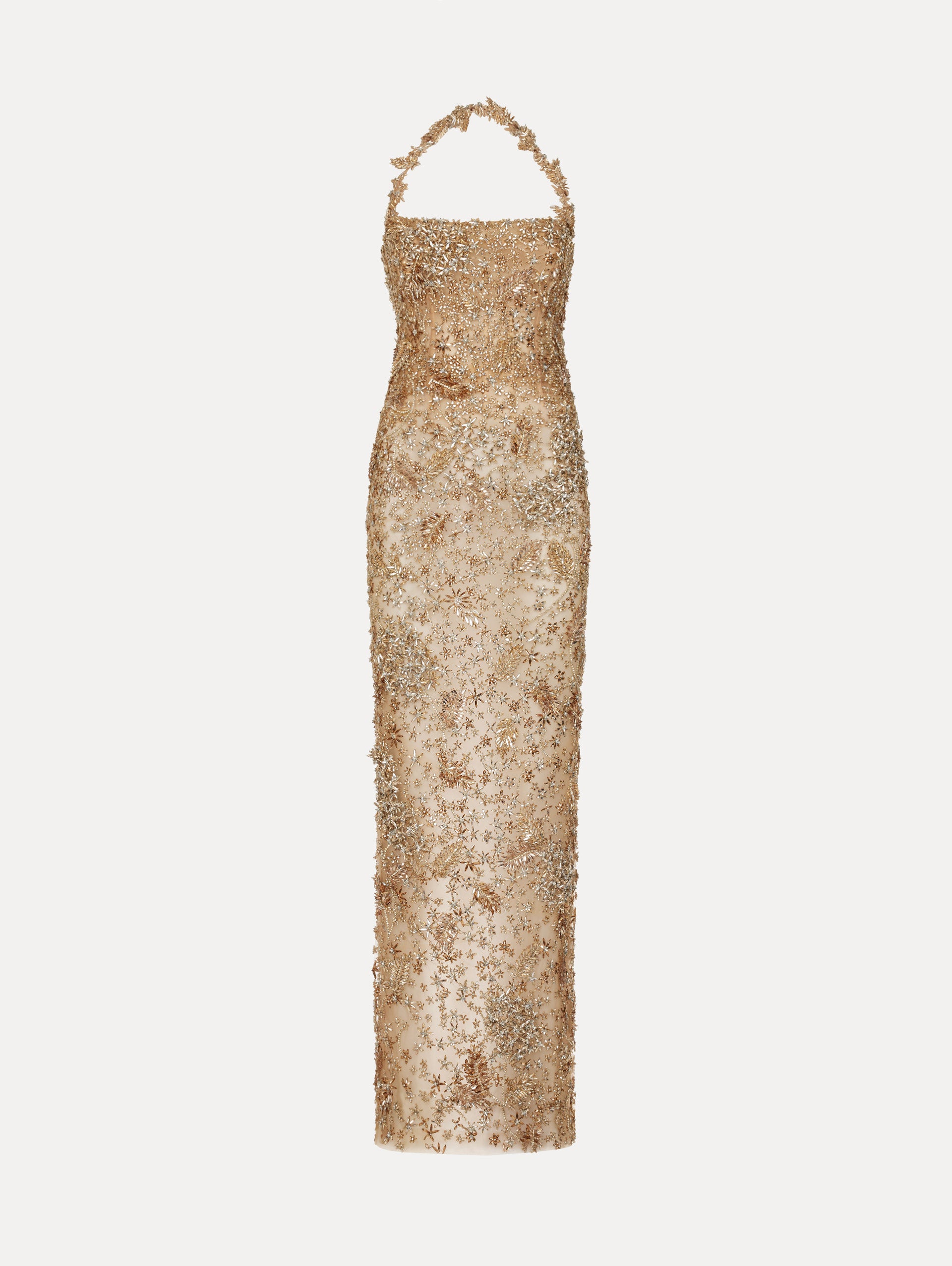 Dress in the color Gold featuring a halter neckline and adorned with floral, crystal beaded embroidery.