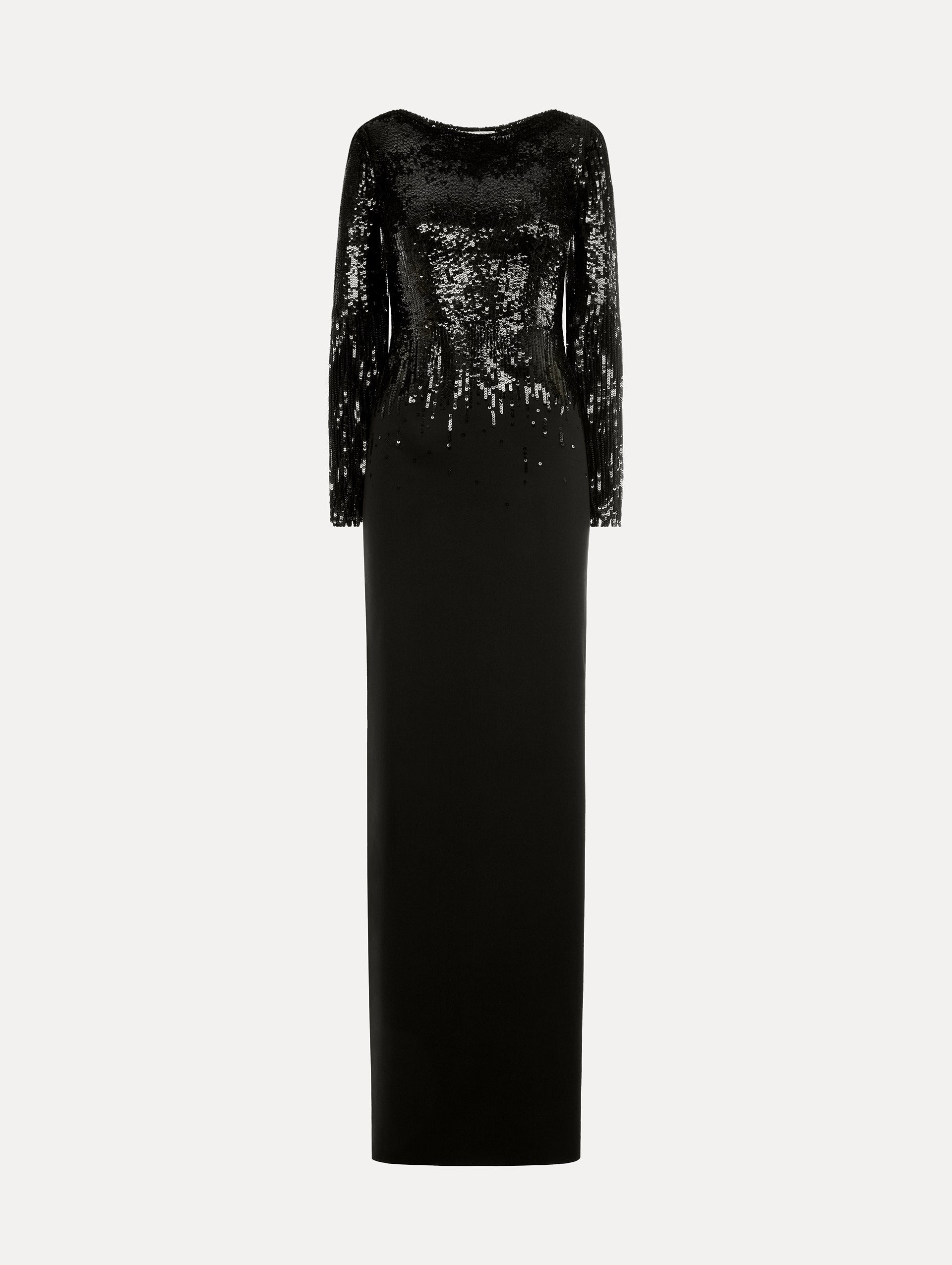 Black Sequin, Floor length gown in double-faced stretch wool. Open sleeves with beaded fringe. Front View.
