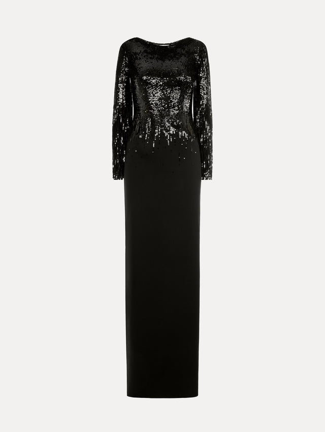 Black Sequin, Floor length gown in double-faced stretch wool. Open sleeves with beaded fringe. Front View.
