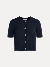 Cropped navy crew neck cardigan, short sleeves, floral buttons. Front View. 