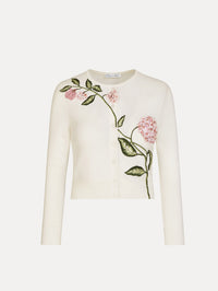 Porcelain Flower Threadwork Cropped Cardigan in white with button closure and floral embroidery along the neckline and shoulder.