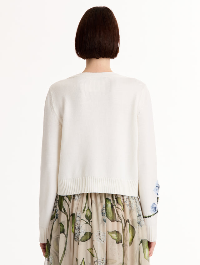 White Porcelain Flower Jacquard Cardigan featuring a V-Neckline and blue and green floral print. Back View.