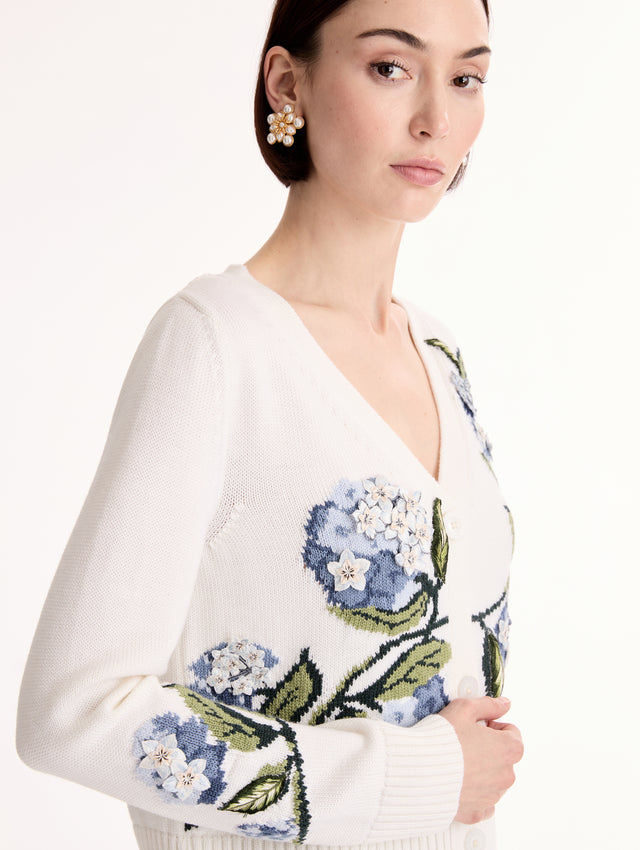 White Porcelain Flower Jacquard Cardigan featuring a V-Neckline and blue and green floral print. Side View.