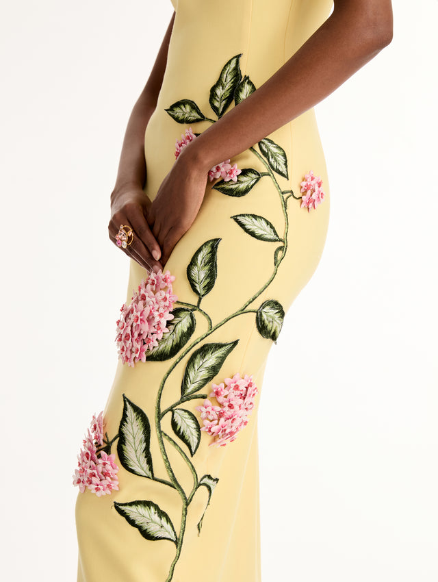 Yellow Porcelain Flower Embroidered Dress featuring a sleeveless silhouette and 3D pink and green floral embroidery. Zoom View.