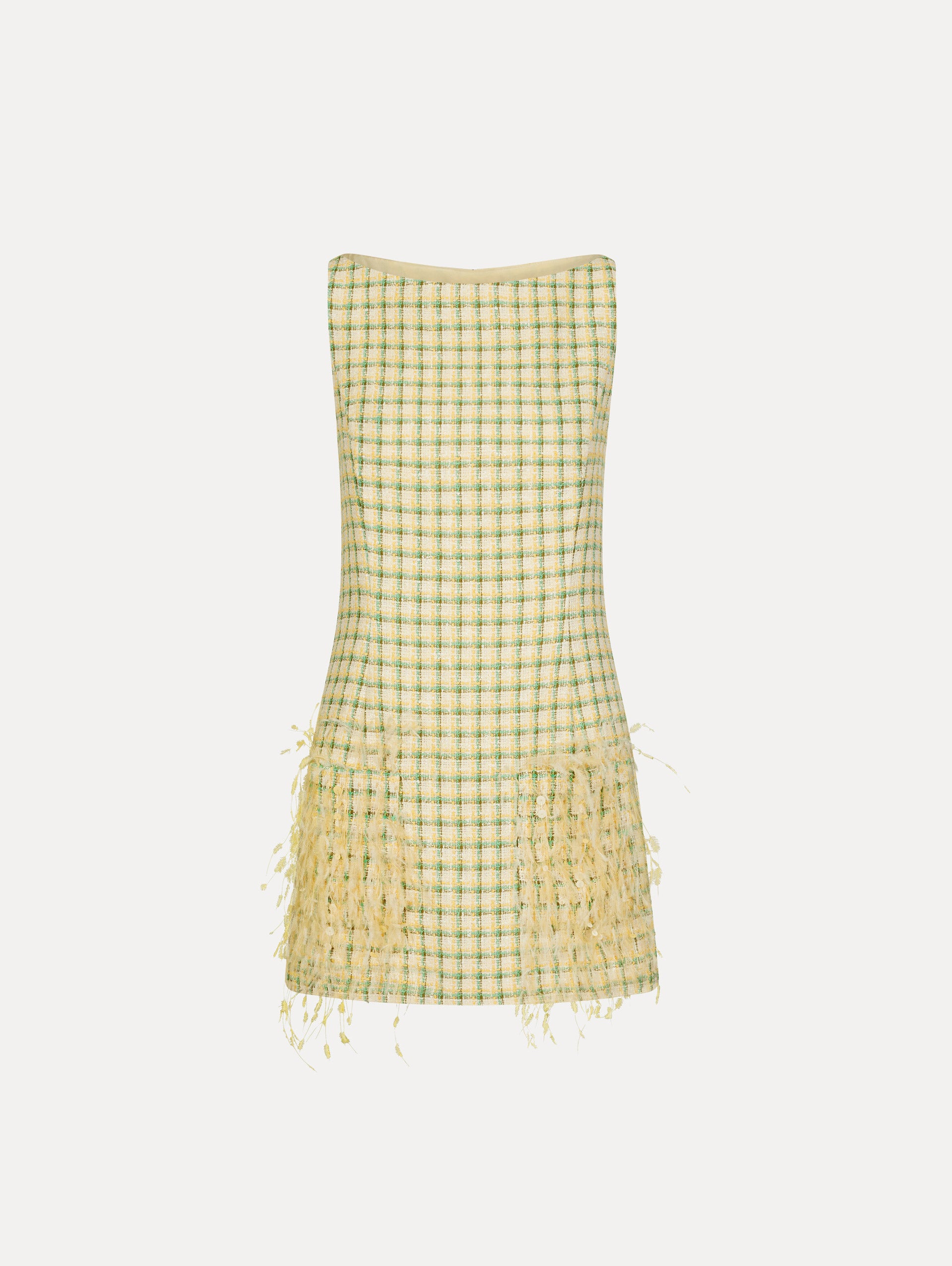 Mini shift dress with straight bateau neckline in an oatmeal, green, yellow, and brown gingham print. Featuring feather embroidery skirt.