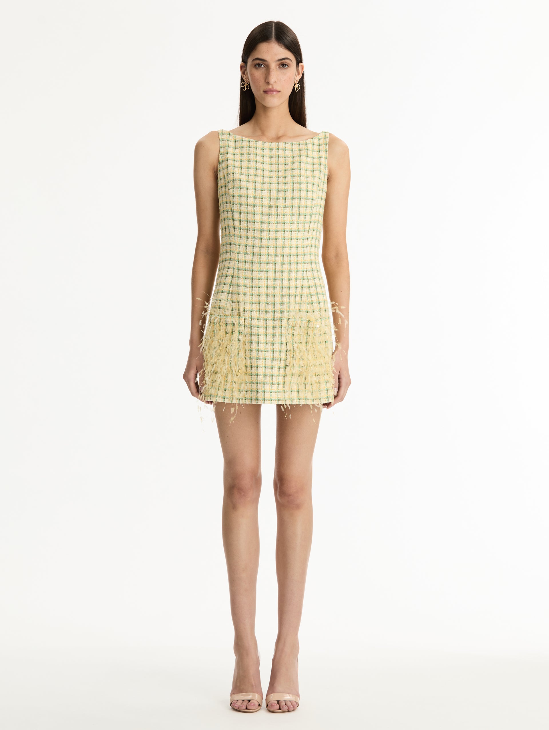Green and Yellow Checked Tweed Dress with Point D'Esprit Feather Embroidery featuring a bateau neckline with 3D yellow feather applique at the hemline. Front View.