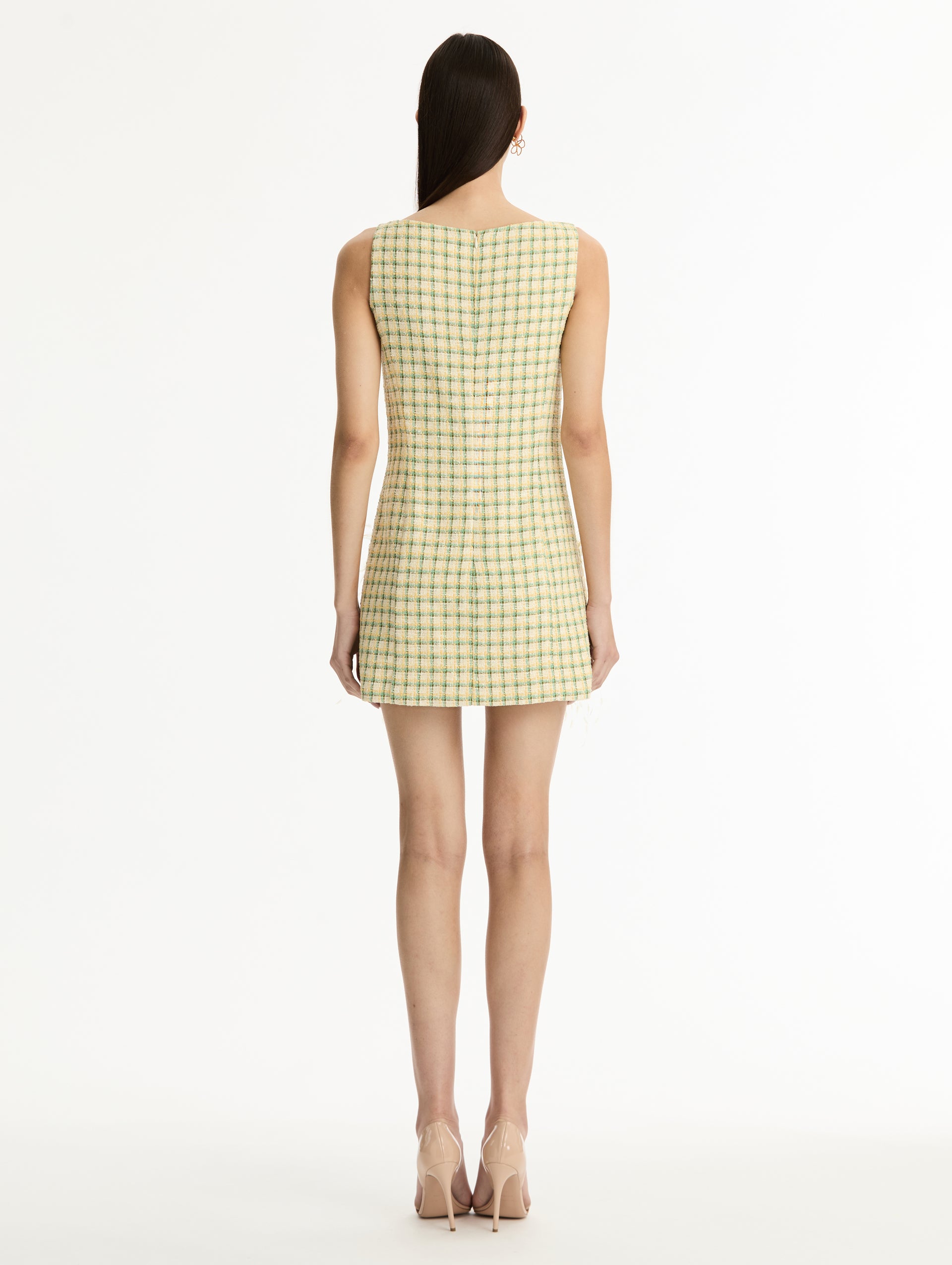 Green and Yellow Checked Tweed Dress with Point D'Esprit Feather Embroidery featuring a bateau neckline with 3D yellow feather applique at the hemline. Back View.