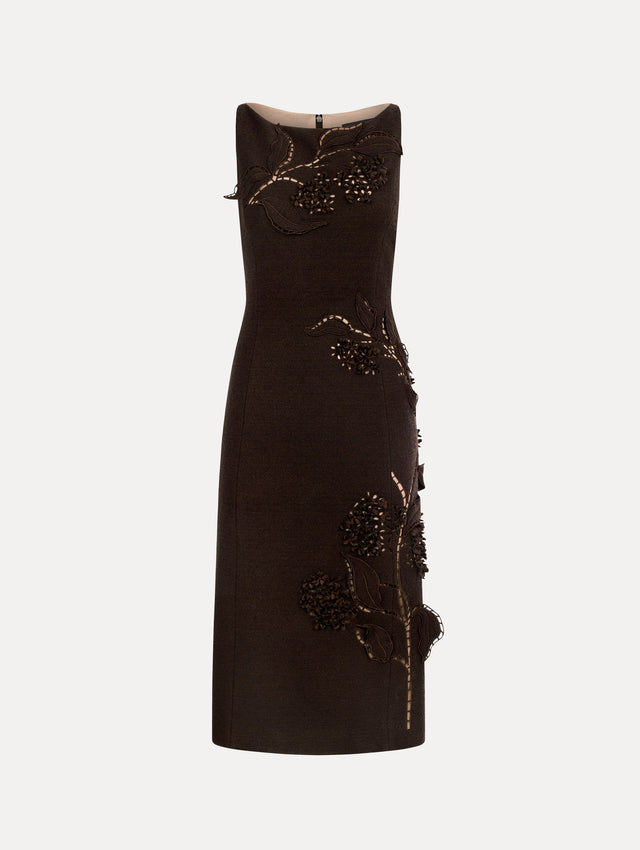Dark Brown Porcelain Flower Cutout Dress with a bateau neckline and a midi hemline. Front View.