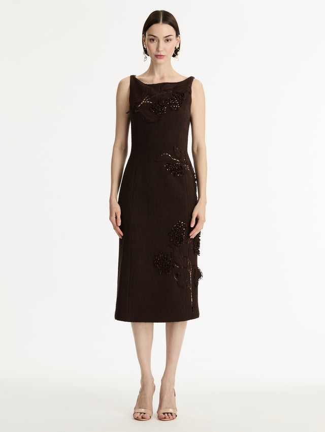 Dark Brown Porcelain Flower Cutout Dress with a bateau neckline and a midi hemline. Front View.