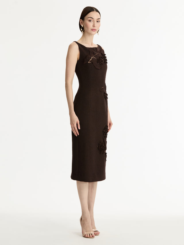 Dark Brown Porcelain Flower Cutout Dress with a bateau neckline and a midi hemline. Side View.
