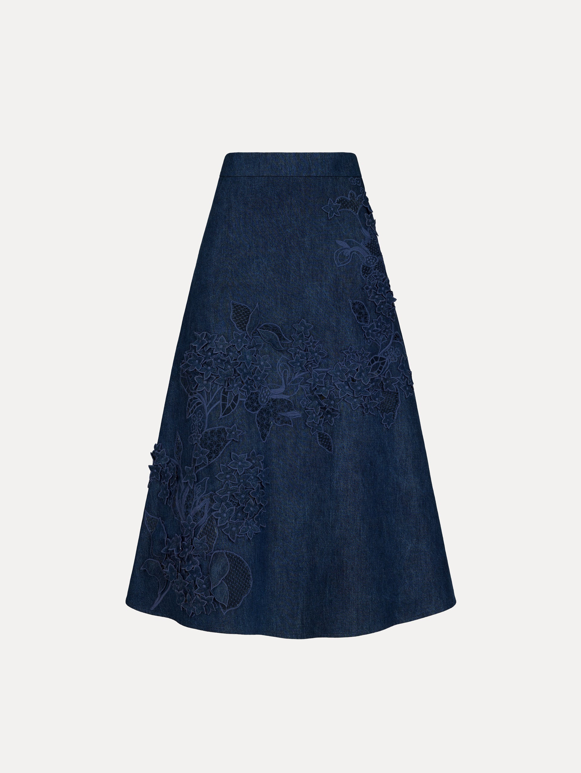 Navy Blue A-line skirt with intricate lace floral detail.