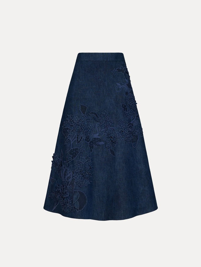 Navy Blue A-line skirt with intricate lace floral detail.