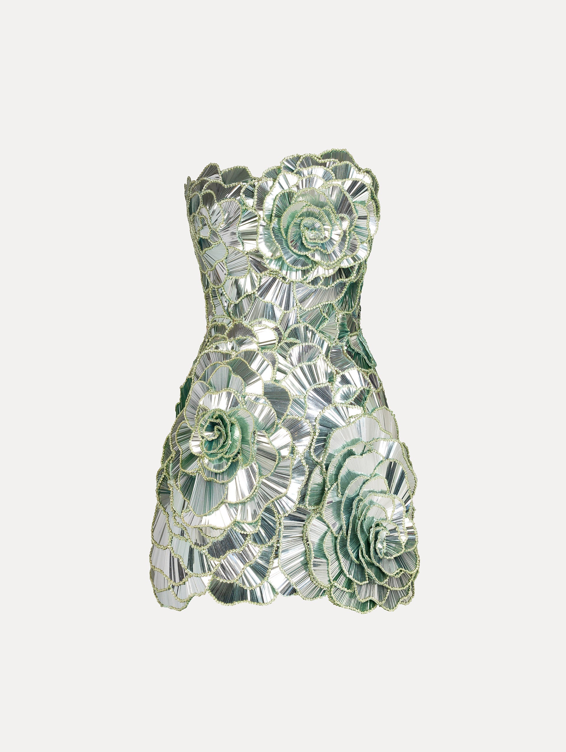 Strapless cocktail mini dress with meticulously layered geometric sequins Oversized rosettes across the silhouette. Front View.