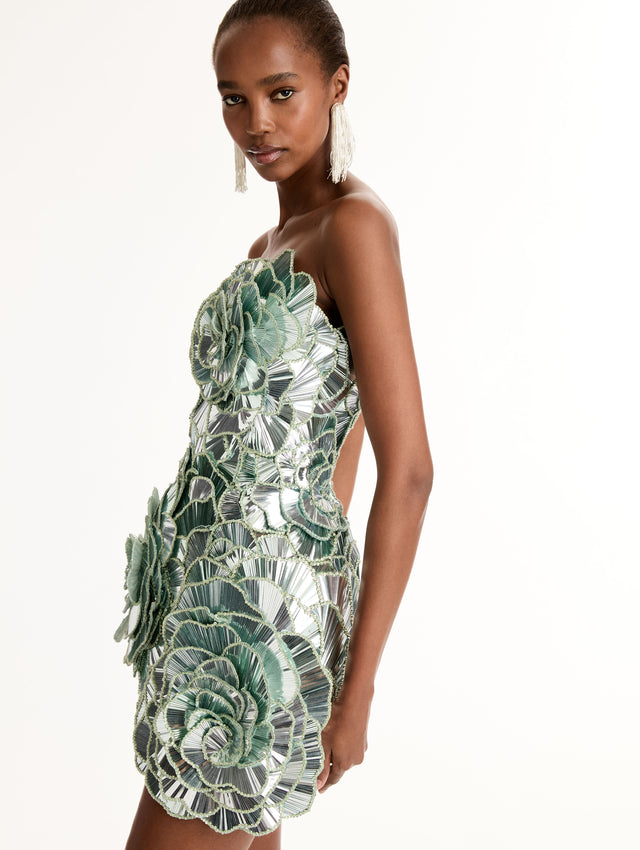 Metallic Green Geometric Sequin Rosette Mini Dress with 3D floral applique and strapless neckline. Zoom View.
