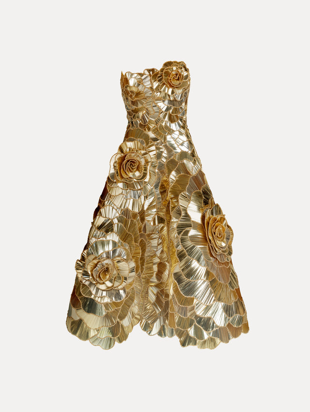 Gold Geometric Sequin Rosette Cocktail Dress with 3D floral applique and metallic finish. Front View.