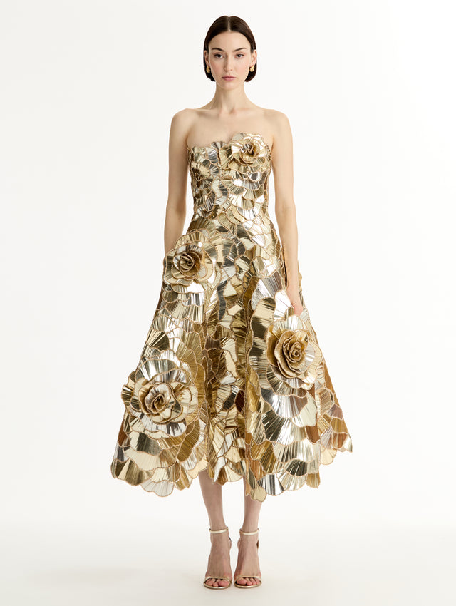 Gold Geometric Sequin Rosette Cocktail Dress with 3D floral applique and metallic finish. Front View.