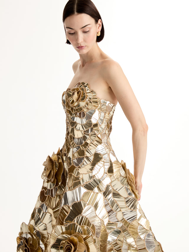Gold Geometric Sequin Rosette Cocktail Dress with 3D floral applique and metallic finish. Zoom View.