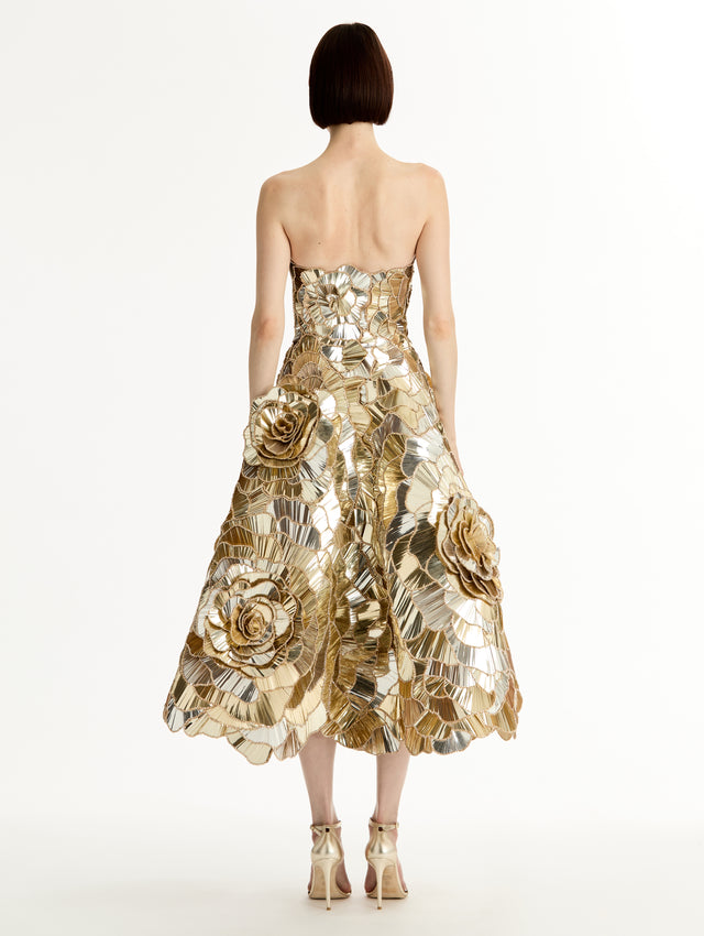 Gold Geometric Sequin Rosette Cocktail Dress with 3D floral applique and metallic finish. Back View.
