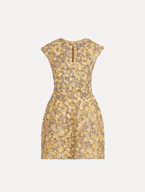 Porcelain Flower Embroidered Cap-Sleeve Dress